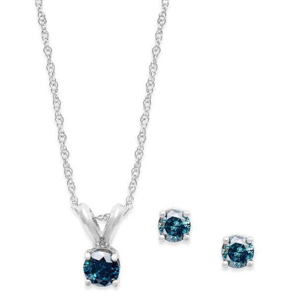 10k White Gold Blue Diamond Necklace and Earring Set (1/6 ct)