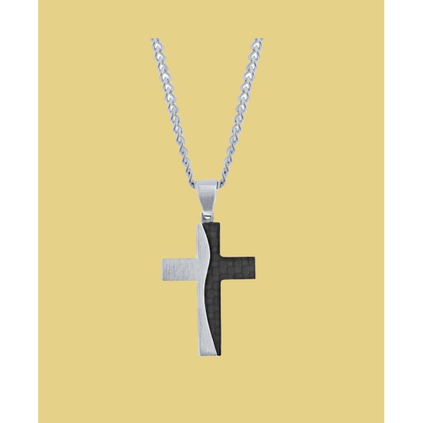 Men's Stainless Steel Silver & Carbon Fiber Cross Necklace