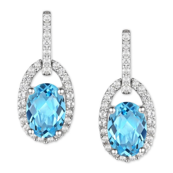 Blue Topaz (1-7/8 ct) & Diamond (1/5 ct) Halo Drop Earrings in 14k White Gold