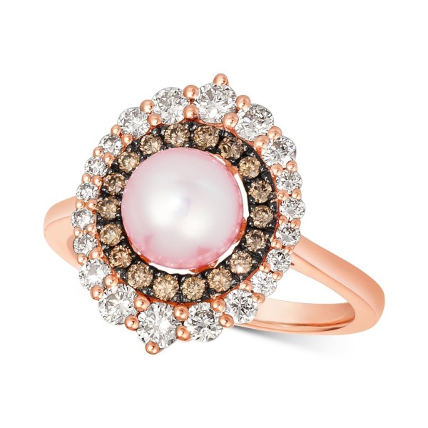 Strawberry Pearl (7mm) & Diamond (3/4 ct) Double Halo Ring in 14k Rose Gold