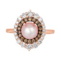 Strawberry Pearl (7mm) & Diamond (3/4 ct) Double Halo Ring in 14k Rose Gold