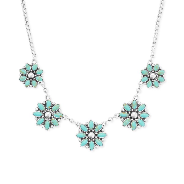 Silver-Tone Blue Stone Flower Collar Necklace, 16-1/4