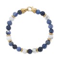 Lapis Lazuli & White Agate Bead Stretch Bracelet in Gold-Tone Ion-Plated Stainless Steel