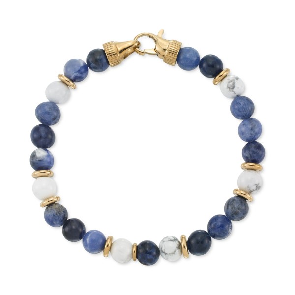 Lapis Lazuli & White Agate Bead Stretch Bracelet in Gold-Tone Ion-Plated Stainless Steel