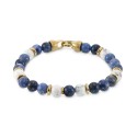 Lapis Lazuli & White Agate Bead Stretch Bracelet in Gold-Tone Ion-Plated Stainless Steel