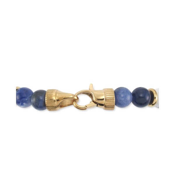 Lapis Lazuli & White Agate Bead Stretch Bracelet in Gold-Tone Ion-Plated Stainless Steel