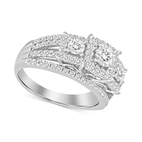 Diamond Three Stone Halo Multirow Ring (1 ct) in 10k White Gold