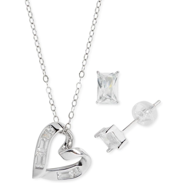 2-Pc. Set Heart Pendant Necklace & Solitaire Baguette Stud Earrings