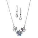 Silver-Tone Blue Multi Flower Necklace & Drop Earrings Set