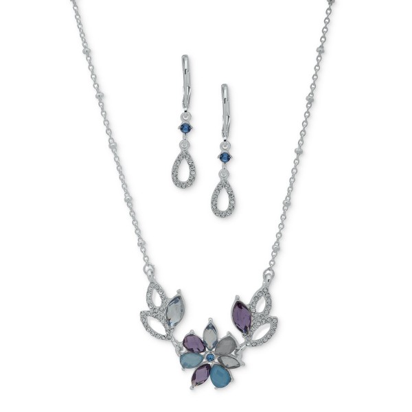 Silver-Tone Blue Multi Flower Necklace & Drop Earrings Set