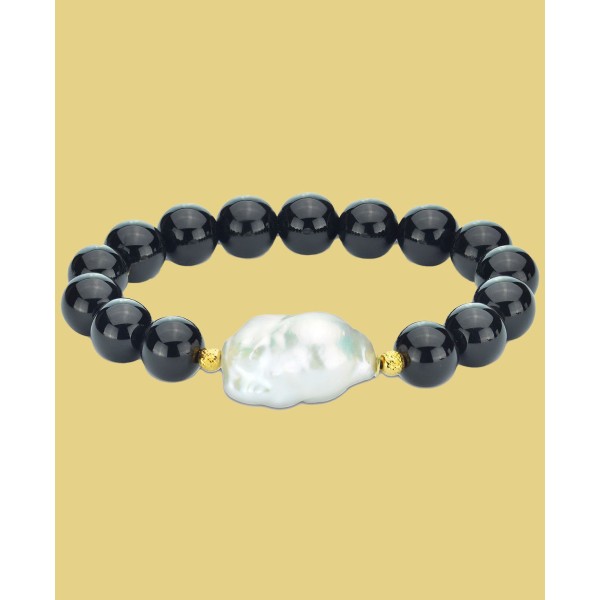 Onyx & Cultured Freshwater Baroque Pearl (14-15mm) Bracelet in 14k Gold