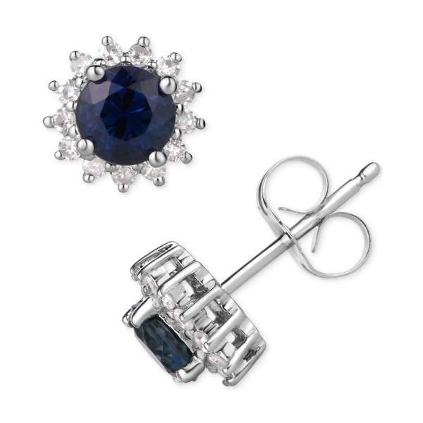 Sapphire (7/8 ct) & Diamond (1/5 ct) Halo Stud Earrings in 14k White Gold