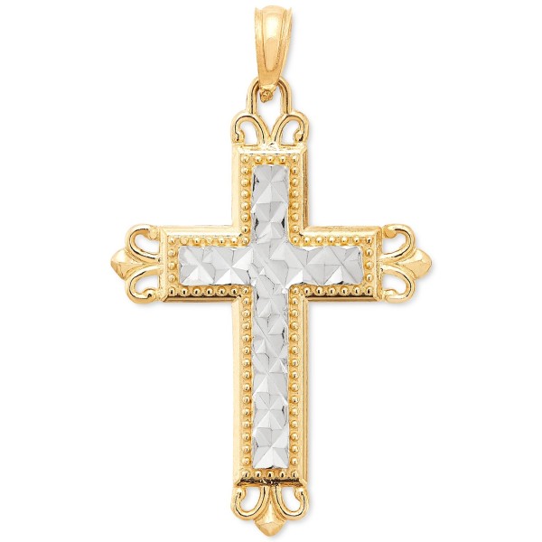 Ornate Two-Tone Cross Pendant in 14k Gold